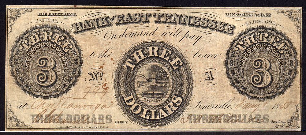 Chattanooga, TN, 1855 $3 Bank of East Tennessee (Knoxville), 799